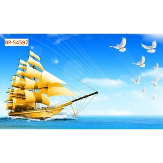 Tranh Lụa Kim Tuyến Decor Phong Thủy Thuyền Vàng Biển Xanh Hút Tài Vượng