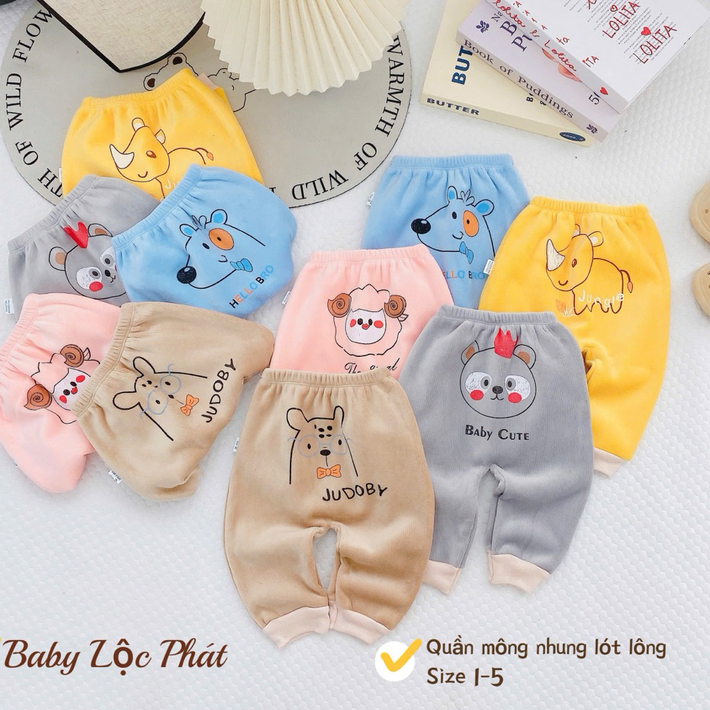 SET 2-3-5 Quần Mông nhung lót lông siêu mềm mịn hình đáng yêu cho bé từ 3-13kg