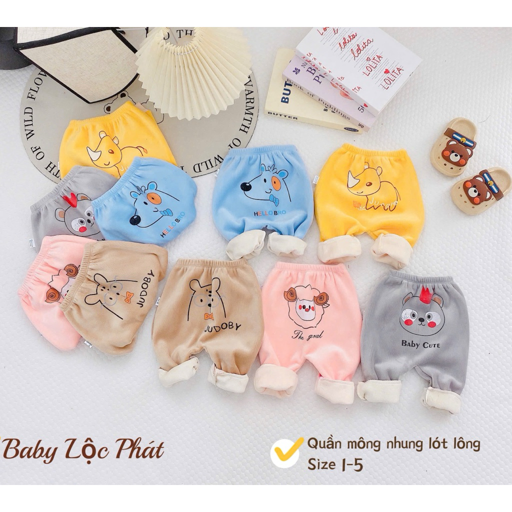 SET 2-3-5 Quần Mông nhung lót lông siêu mềm mịn hình đáng yêu cho bé từ 3-13kg