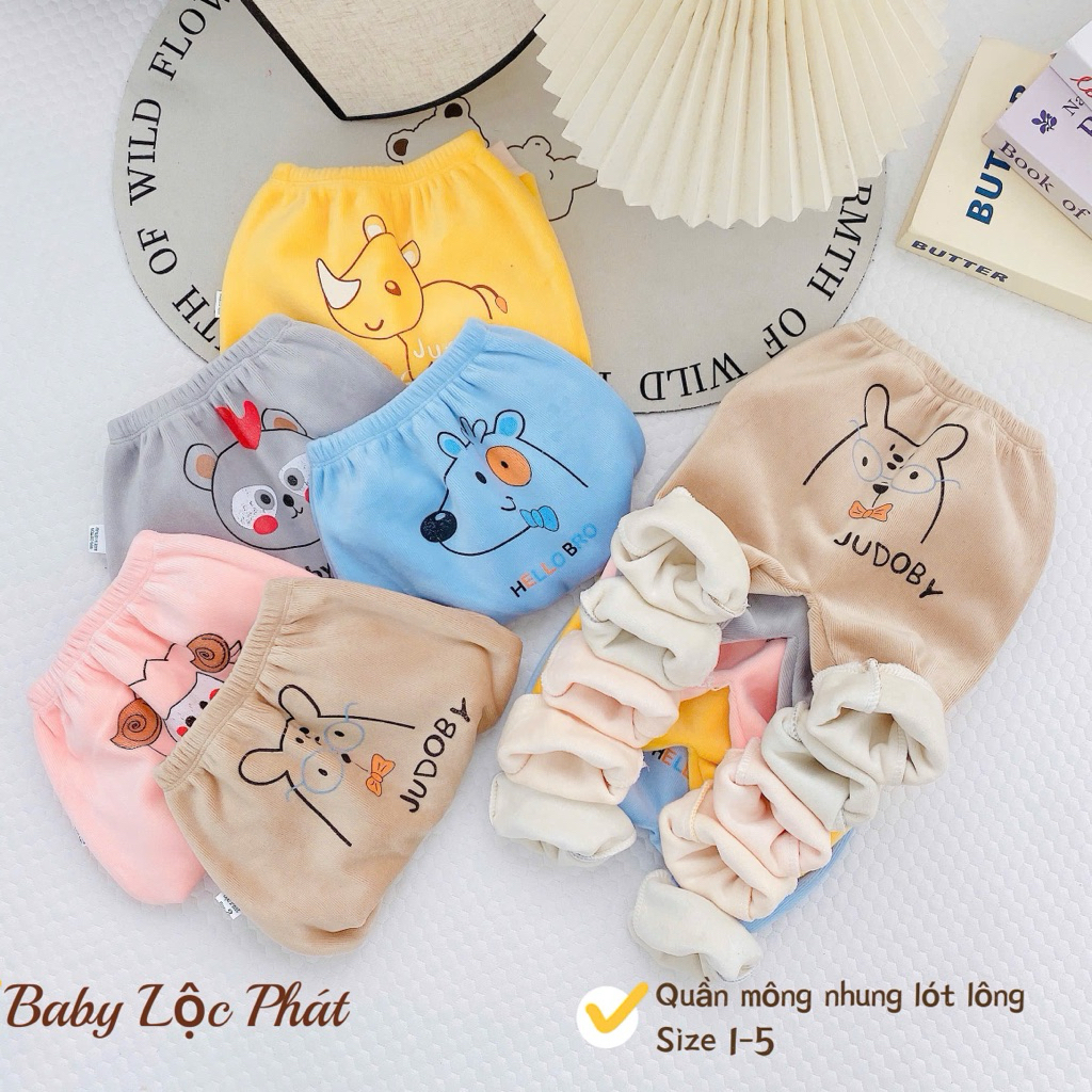 SET 2-3-5 Quần Mông nhung lót lông siêu mềm mịn hình đáng yêu cho bé từ 3-13kg