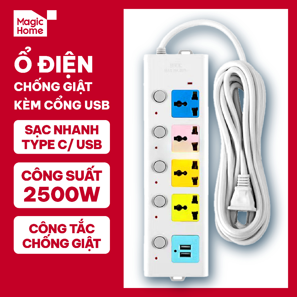 Ổ Cắm Điện USB Đa Năng Cao Cấp Chống Giật Dây Dài 4m Công suất 2500W, 2 ...