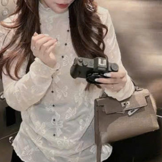 ÁO Cổ Bèo Ren Mỏng Màu Ivory Be Họa Tiết Nơ Nổi Xinh Nữ Tính