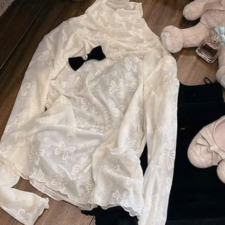 ÁO Cổ Bèo Ren Mỏng Màu Ivory Be Họa Tiết Nơ Nổi Xinh Nữ Tính