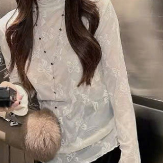 ÁO Cổ Bèo Ren Mỏng Màu Ivory Be Họa Tiết Nơ Nổi Xinh Nữ Tính