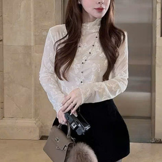 ÁO Cổ Bèo Ren Mỏng Màu Ivory Be Họa Tiết Nơ Nổi Xinh Nữ Tính