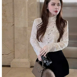 ÁO Cổ Bèo Ren Mỏng Màu Ivory Be Họa Tiết Nơ Nổi Xinh Nữ Tính