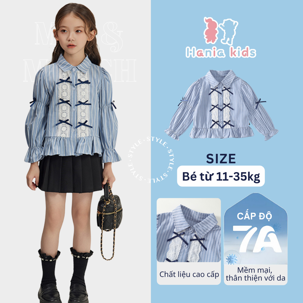 Áo sơ mi bé gái Hania Kids dài tay kẻ xanh phối nơ xinh xắn, phong cách tiểu thư Chất Liệu Cotton