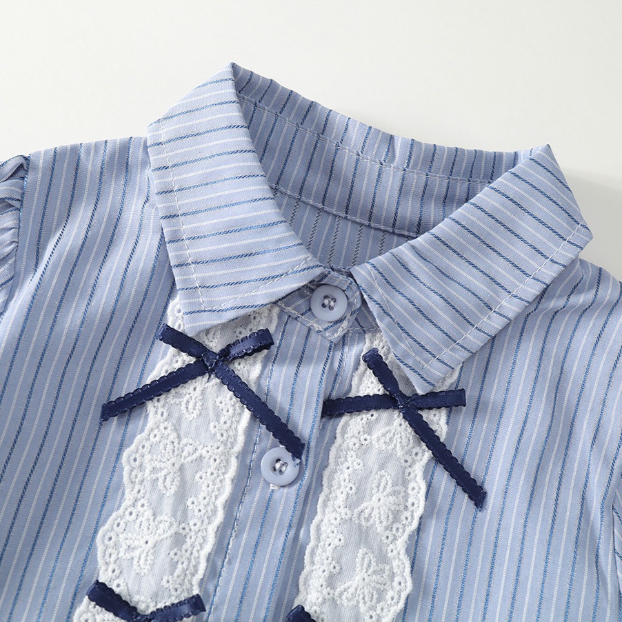 Áo sơ mi bé gái Hania Kids dài tay kẻ xanh phối nơ xinh xắn, phong cách tiểu thư Chất Liệu Cotton