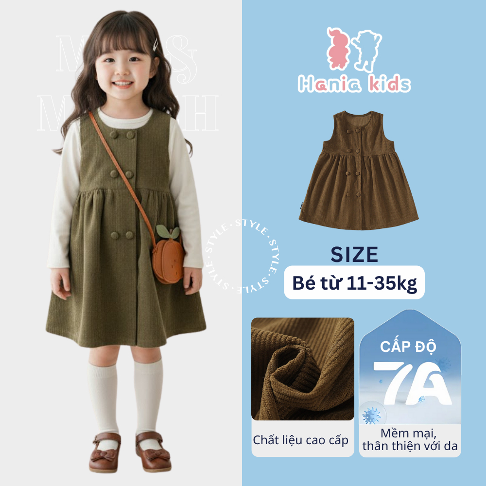 Váy Yếm Bé Gái Hania Kids Váy Nhung Tăm Không Tay Dáng Xòe, Chất Liệu Mềm Mại Cho Bé Đi Học Đi Chơi