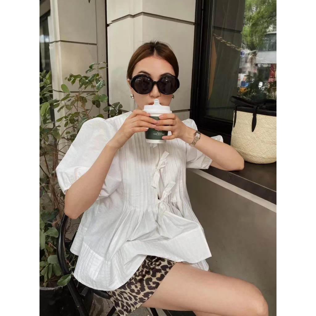 𝗠𝘆𝗰𝗵𝘂 -|BEELY| Áo Linen xếp li thủ công thắt nơ baybydoll