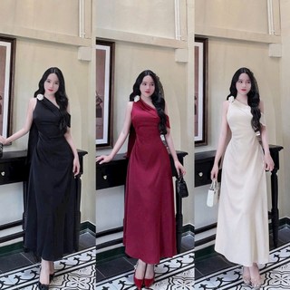 Đầm thời trang nữ thiết kế hiện đại chất tuyết nhung lệch vai kèm phụ kiện rời chiết eo nhẹ váy dáng maxi xòe