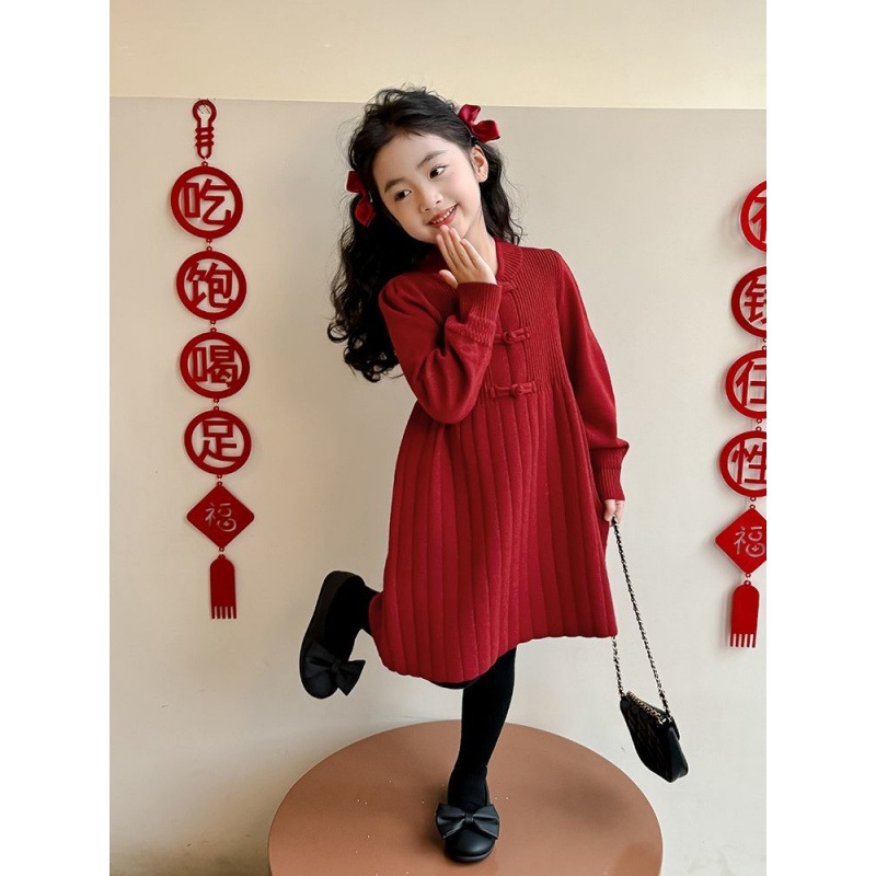 Váy len dài tay bé gái Hania Kids váy len đỏ cổ tàu chất len dày dặn ấm áp mùa đông