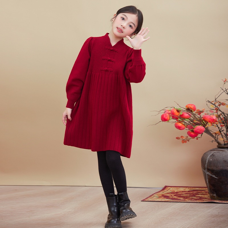Váy len dài tay bé gái Hania Kids váy len đỏ cổ tàu chất len dày dặn ấm áp mùa đông