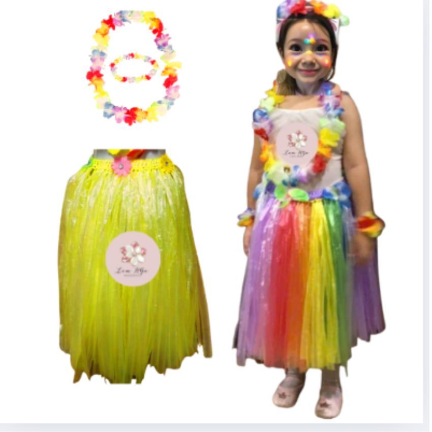 Váy Hawaii Cho Bé Gái - Trang Phục Biểu Diễn Hawaii - Váy Múa Tua Rua Dài 40cm Kèm Vòng Hoa Đầu Cổ Tay Cho Trẻ Em