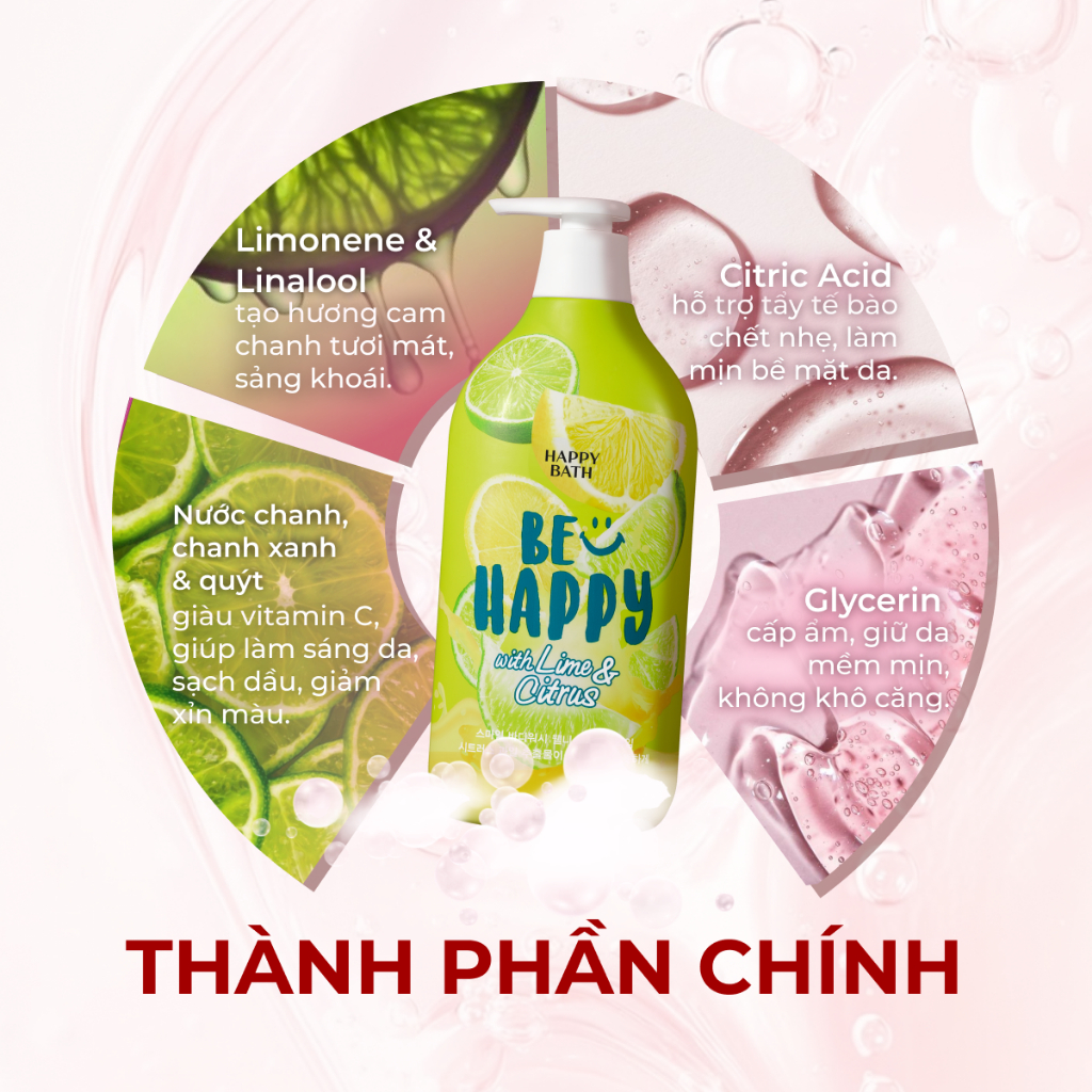 Sữa tắm Happy Bath Be Happy With Lime & Citrus Body Wash Hương Chanh Xanh Tươi Mát Cho Người Nhiều Mồ Hôi Chai 900g
