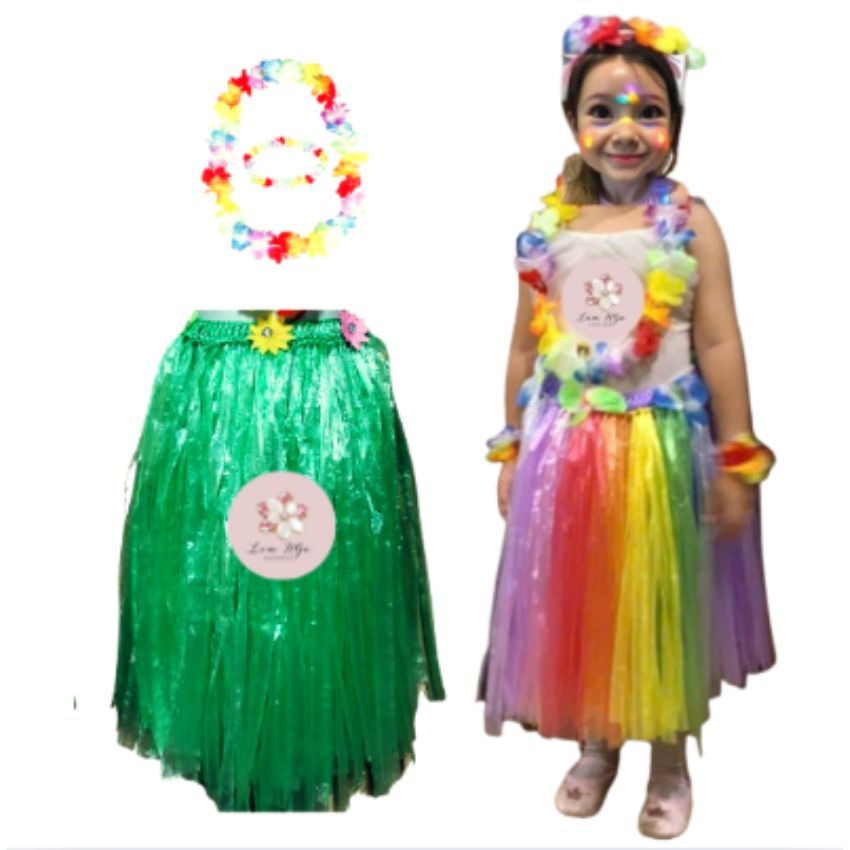 Váy Hawaii Cho Bé Gái - Trang Phục Biểu Diễn Hawaii - Váy Múa Tua Rua Dài 40cm Kèm Vòng Hoa Đầu Cổ Tay Cho Trẻ Em