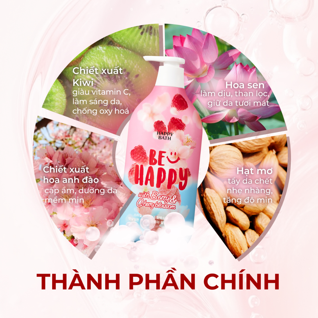 Sữa Tắm Happy Bath Be Happy Lưu Hương Lâu, Hương Dâu Rừng Ngọt Ngào Kết Hợp Hoa Anh Đào Dịu Nhẹ 900g