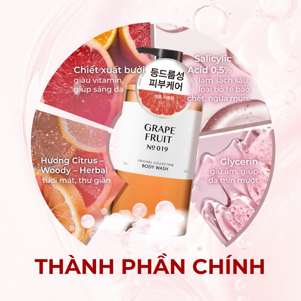 [No.019] Sữa Tắm Trắng Da Happy Bath Grape Fruit Giảm Mụn Lưng Hương Hoa Quả Thảo Dược Chai 910 ML