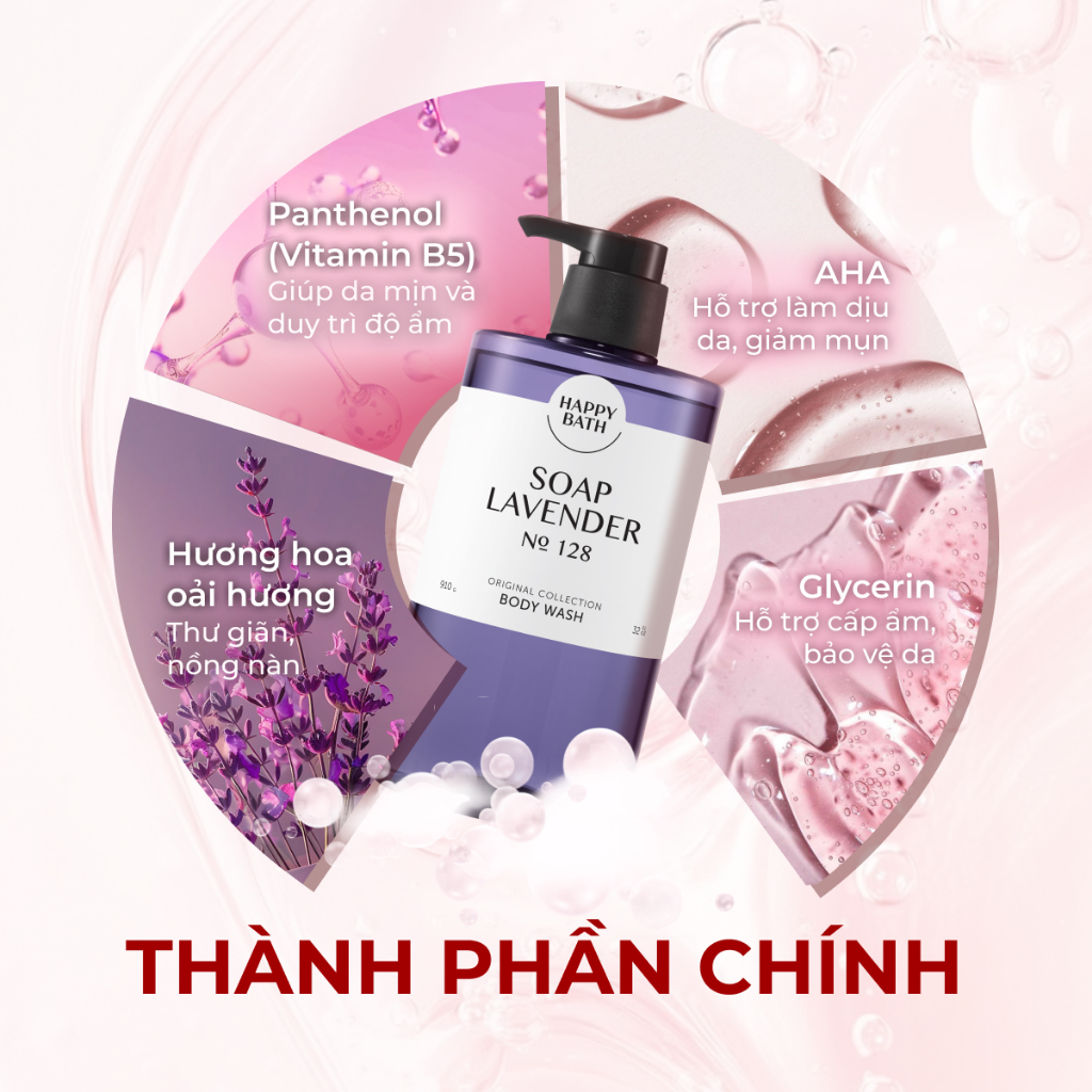 [No.128] Sữa Tắm Happy Bath Cấp Ẩm Dưỡng Trắng Da, Chiết Xuất Oải Hương Giúp Thư Giãn Dễ Ngủ Và Làm Dịu Da 910g