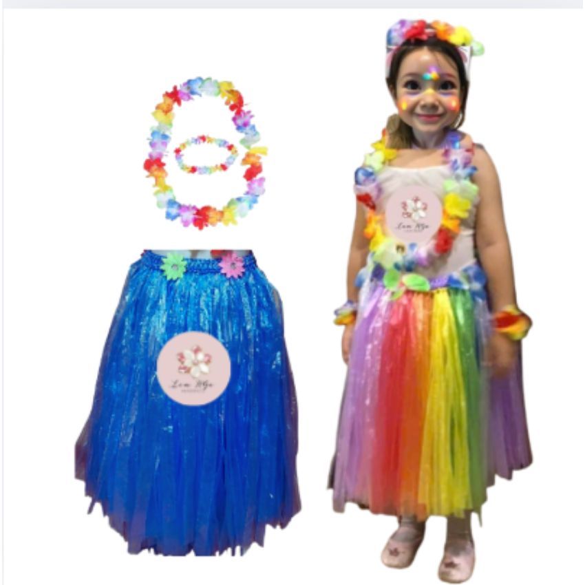 Váy Hawaii Cho Bé Gái - Trang Phục Biểu Diễn Hawaii - Váy Múa Tua Rua Dài 40cm Kèm Vòng Hoa Đầu Cổ Tay Cho Trẻ Em
