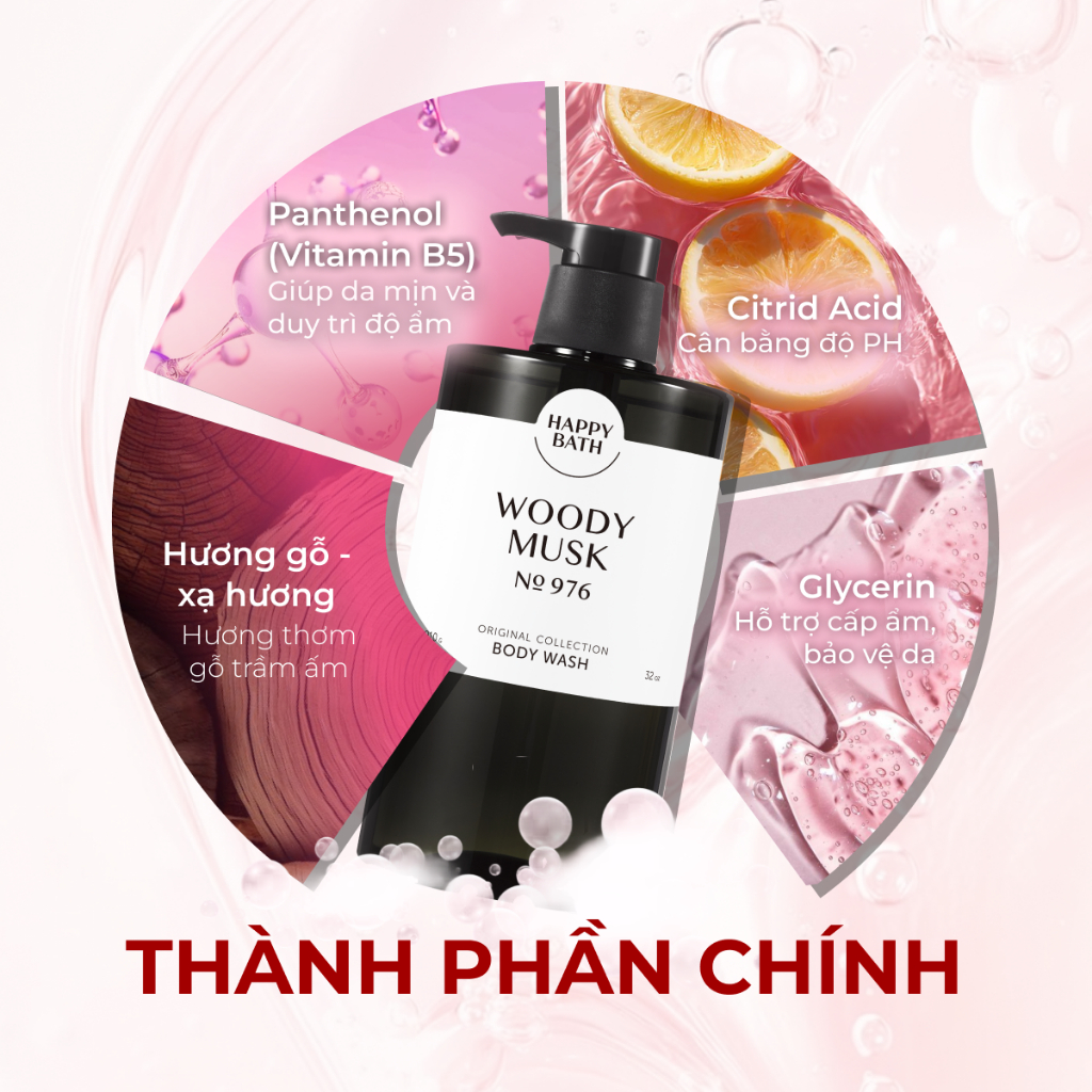 [No.976] Sữa Tắm Happy Bath Lưu Hương Lâu 910g, Hương Gỗ Ấm Áp Pha Xạ Hương Sang Trọng Quyến Rũ