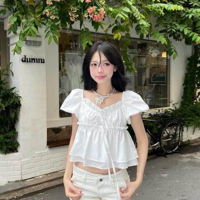 Tiany AT009 Áo Babydoll Tay Phồng Phối Bèo Free Size Màu Trắng Tinh Khôi Chất Cotton Mềm Mại Thoáng Mát Phong Cách Nữ