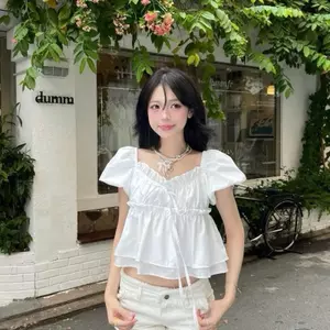 Tiany AT009 Áo Babydoll Tay Phồng Phối Bèo Free Size Màu Trắng Tinh Khôi Chất Cotton Mềm Mại Thoáng Mát Phong Cách Nữ