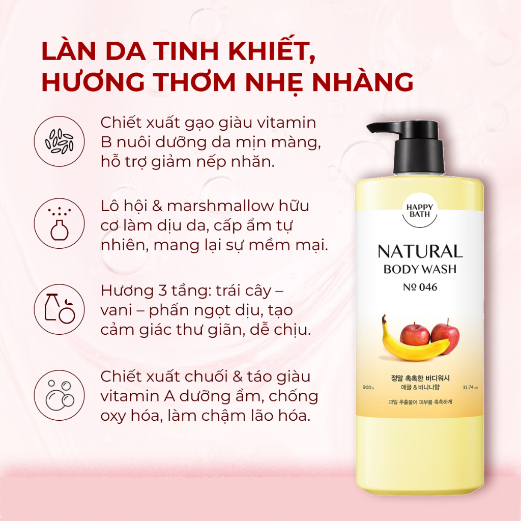 Sữa Tắm Happy Bath Natural An Toàn Cho Cả Mẹ Bầu Và Em Bé, Sữa Tắm Dưỡng Trắng Cho Da Nhạy Cảm 900G