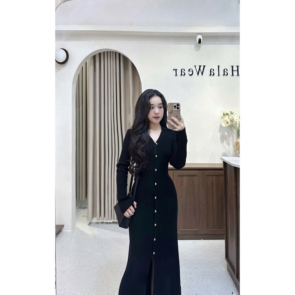 Đầm ,Váy len body cổ V Dáng dài ôm body tôn dáng by.Thanhhuyenclothings