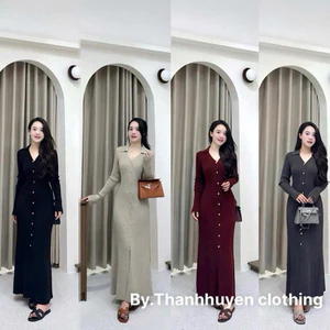 Váy len dáng dài ôm body cổ V đầm len dáng dài có xẻ tà tôn dáng