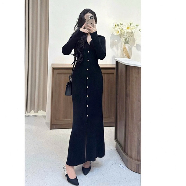 Váy len dáng dài ôm body cổ V đầm len dáng dài có xẻ tà tôn dáng