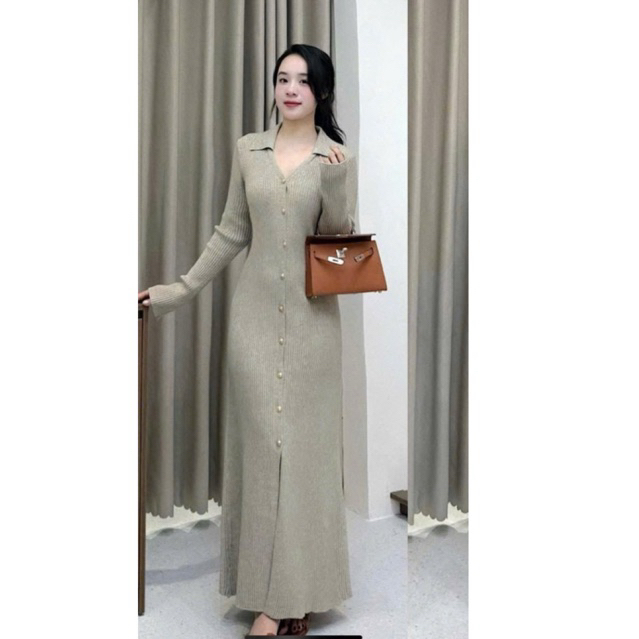 Váy len dáng dài ôm body cổ V đầm len dáng dài có xẻ tà tôn dáng
