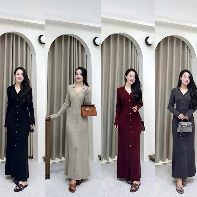 Váy len dáng dài ôm body cổ V đầm len dáng dài có xẻ tà tôn dáng