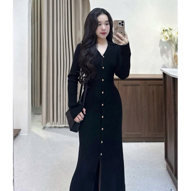 Váy len dáng dài ôm body cổ V đầm len dáng dài có xẻ tà tôn dáng
