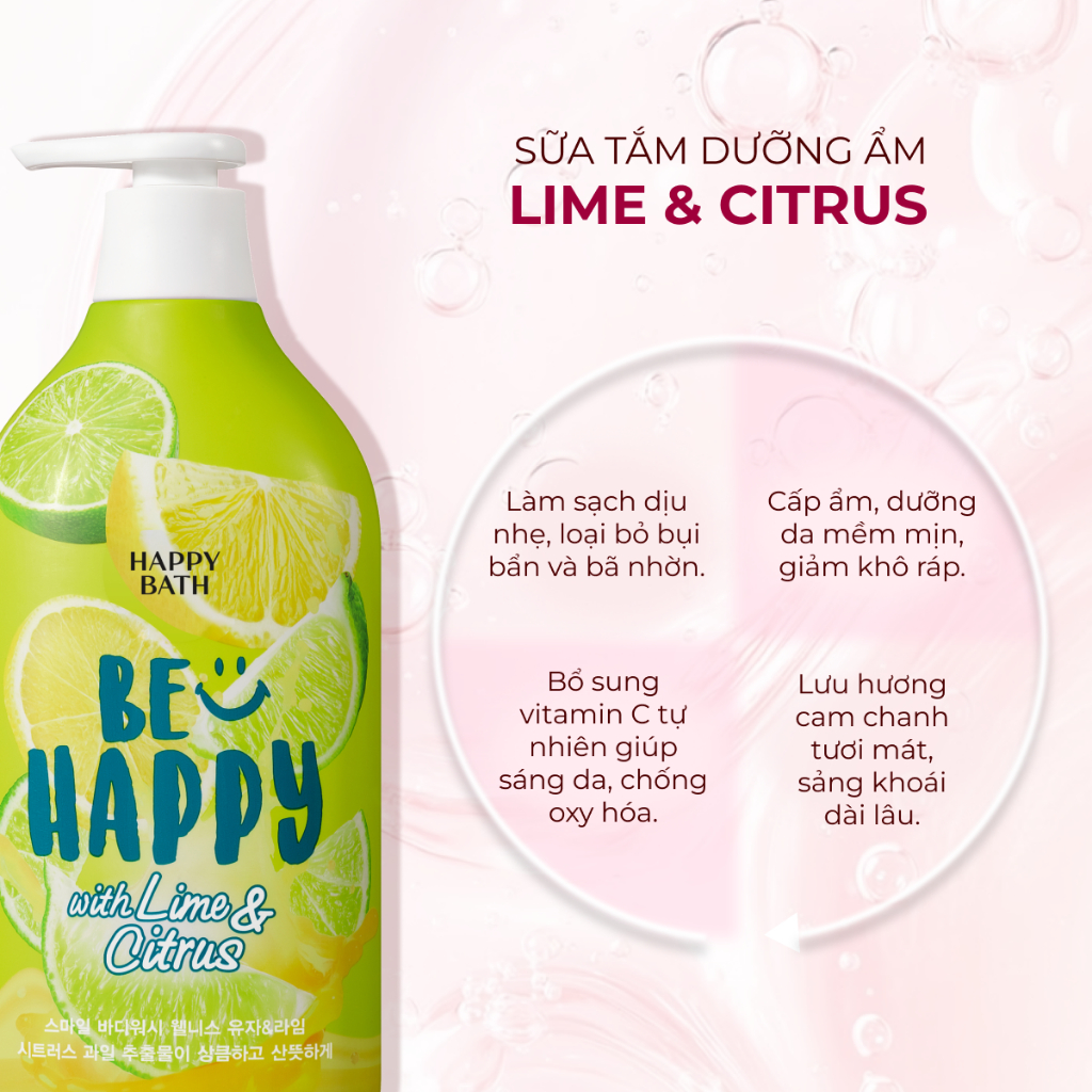 Sữa tắm Happy Bath Be Happy With Lime & Citrus Body Wash Hương Chanh Xanh Tươi Mát Cho Người Nhiều Mồ Hôi Chai 900g