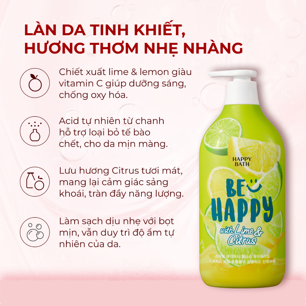 Sữa Tắm Happy Bath Be Happy Dưỡng Trắng Cho Da 900g, Lưu Hương Lâu Cho Các Nàng Thơm Mát Tự Nhiên Sau Khi Tắm