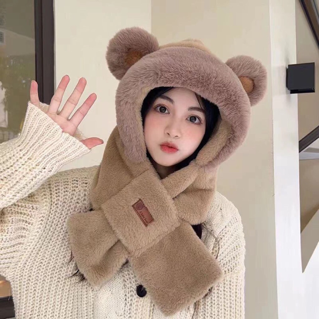 Mũ Lông tai gấu 2in1 lông mềm mịn nhiều màu