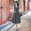 Đầm thiết kế BEMINE cổ sơ mi phối sọc giả khoác dáng chữ A phù hợp đi làm-B129