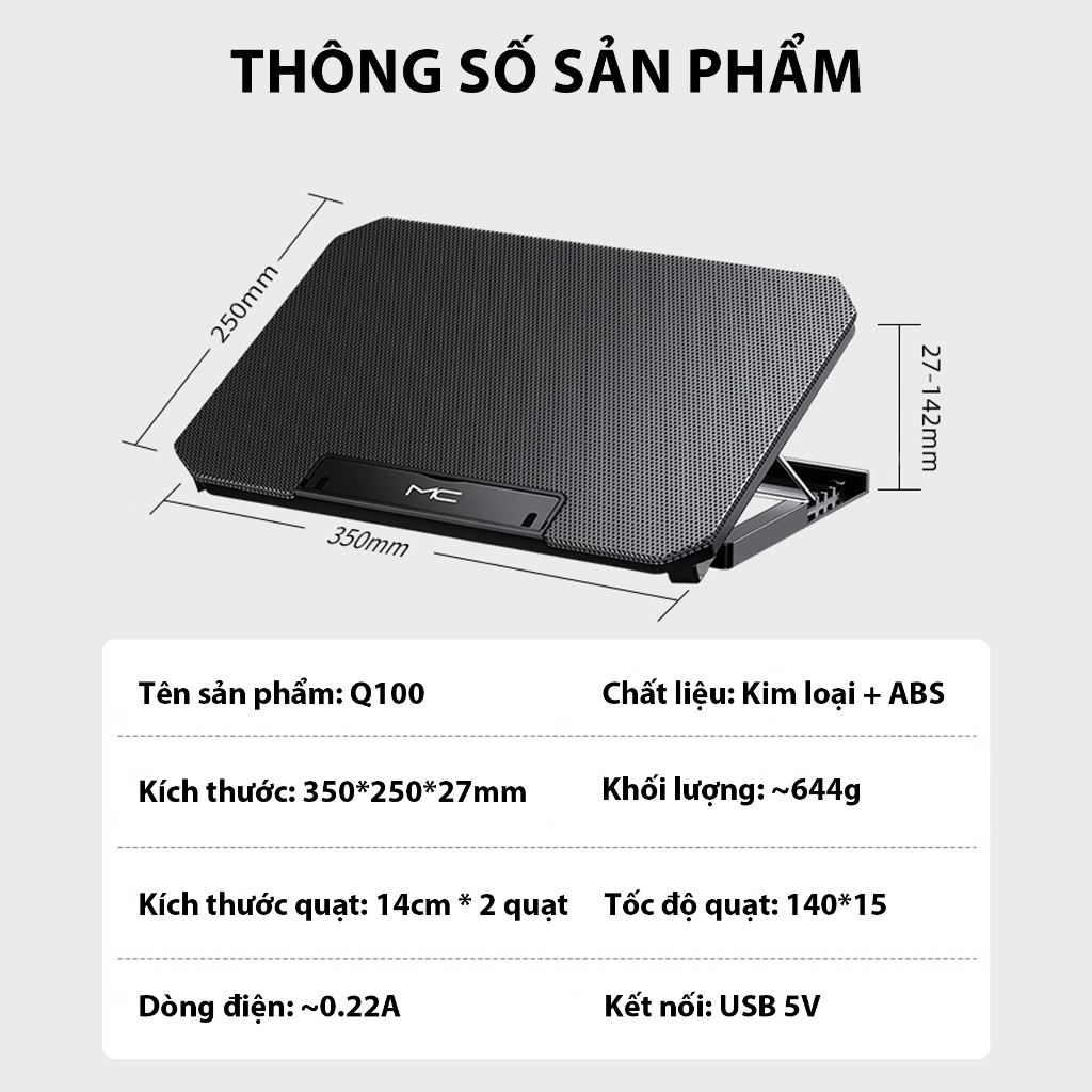 Đế Tản Nhiệt Laptop Q100 8 Quạt Siêu Mát, Giá Đỡ Gấp Gọn 4 Mức Cao Tản Nhiệt Nhanh, Quạt Êm Chống Ồn