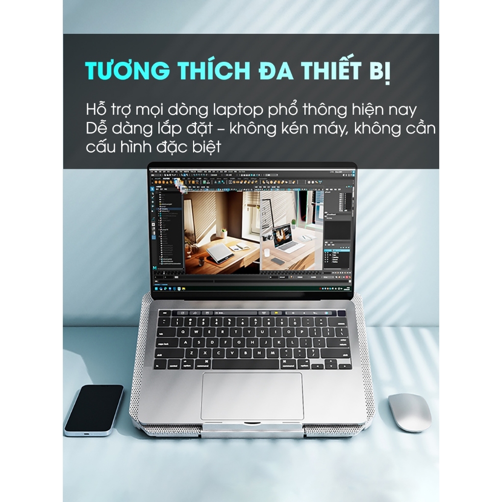 Đế Tản Nhiệt Laptop Q100 8 Quạt Siêu Mát, Giá Đỡ Gấp Gọn 4 Mức Cao Tản Nhiệt Nhanh, Quạt Êm Chống Ồn