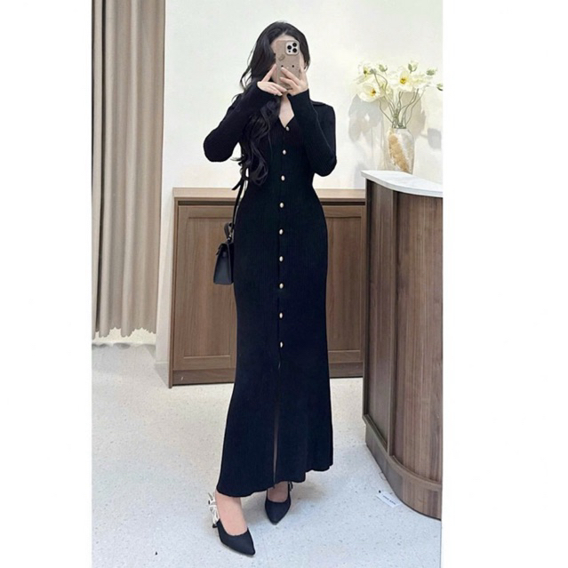 Đầm ,Váy len body cổ V Dáng dài ôm body tôn dáng by.Thanhhuyenclothings