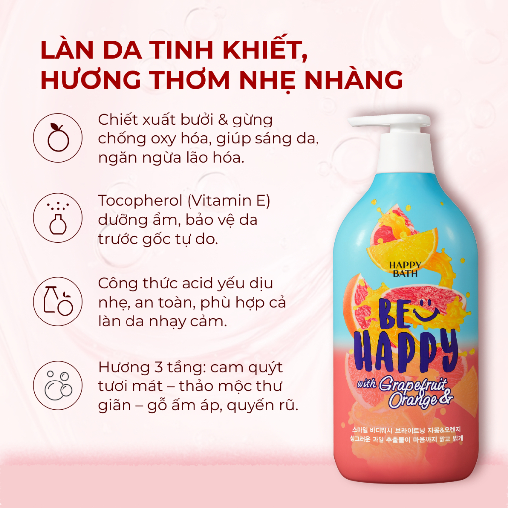 Sữa Tắm Happy Bath Body Wash Hàn Quốc Chính Hãng – Dưỡng Trắng, Dưỡng Ẩm, Thơm Lâu 900g