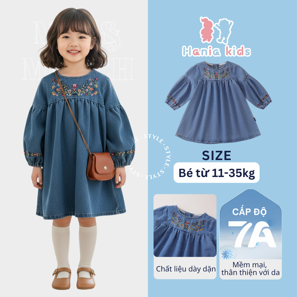 Váy Thu Đông Dài Tay Cho Bé HANIA KIDS Chất Liệu Jean Mềm Dáng Chữ A, Thêu Hoa Dễ Thương