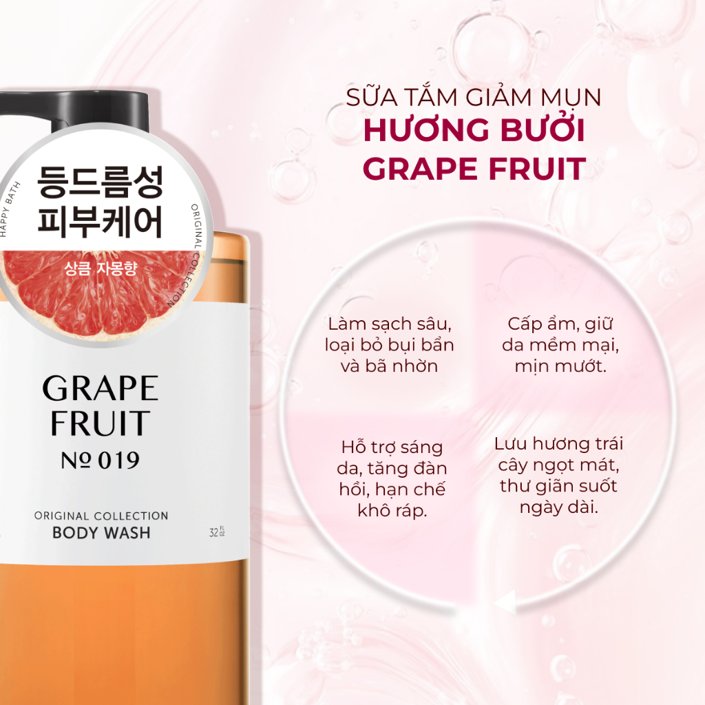 [No.019] Sữa Tắm Trắng Da Happy Bath Grape Fruit Giảm Mụn Lưng Hương Hoa Quả Thảo Dược Chai 910 ML
