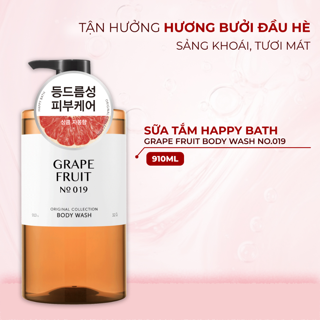 [No.019] Sữa Tắm Trắng Da Happy Bath Grape Fruit Giảm Mụn Lưng Hương Hoa Quả Thảo Dược Chai 910 ML