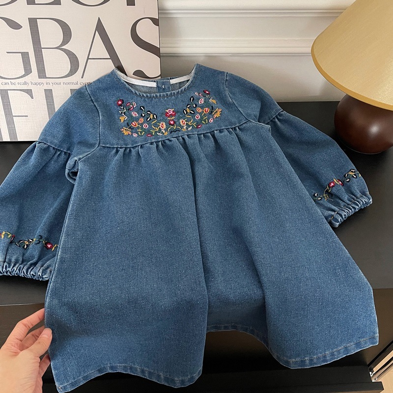 Váy Thu Đông Dài Tay Cho Bé HANIA KIDS Chất Liệu Jean Mềm Dáng Chữ A, Thêu Hoa Dễ Thương