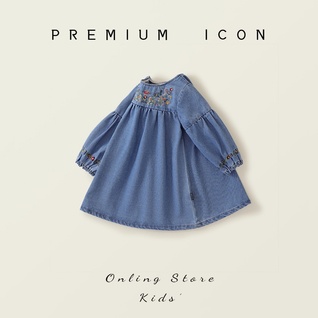 Váy Thu Đông Dài Tay Cho Bé HANIA KIDS Chất Liệu Jean Mềm Dáng Chữ A, Thêu Hoa Dễ Thương