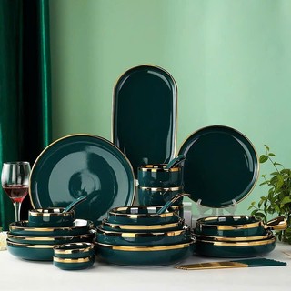 Lẻ | Bộ bát đĩa sứ cao cấp XANH VIỀN VÀNG phong cách Bắc Âu 4,6,10, HOME DECOR, QUÀ TẶNG GỐM SỨ