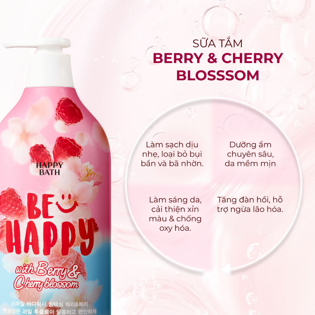 Sữa Tắm Happy Bath Be Happy Lưu Hương Lâu, Hương Dâu Rừng Ngọt Ngào Kết Hợp Hoa Anh Đào Dịu Nhẹ 900g