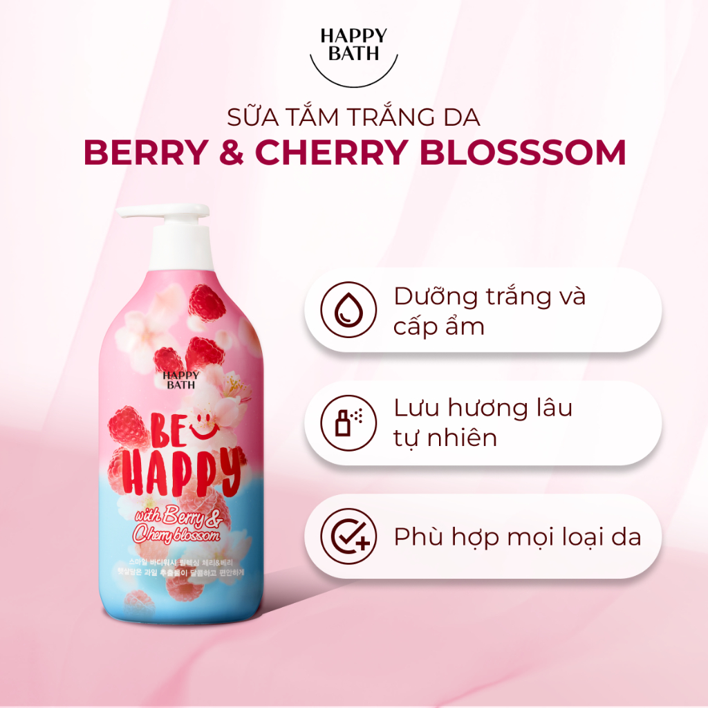 Sữa Tắm Happy Bath Be Happy Lưu Hương Lâu, Hương Dâu Rừng Ngọt Ngào Kết Hợp Hoa Anh Đào Dịu Nhẹ 900g